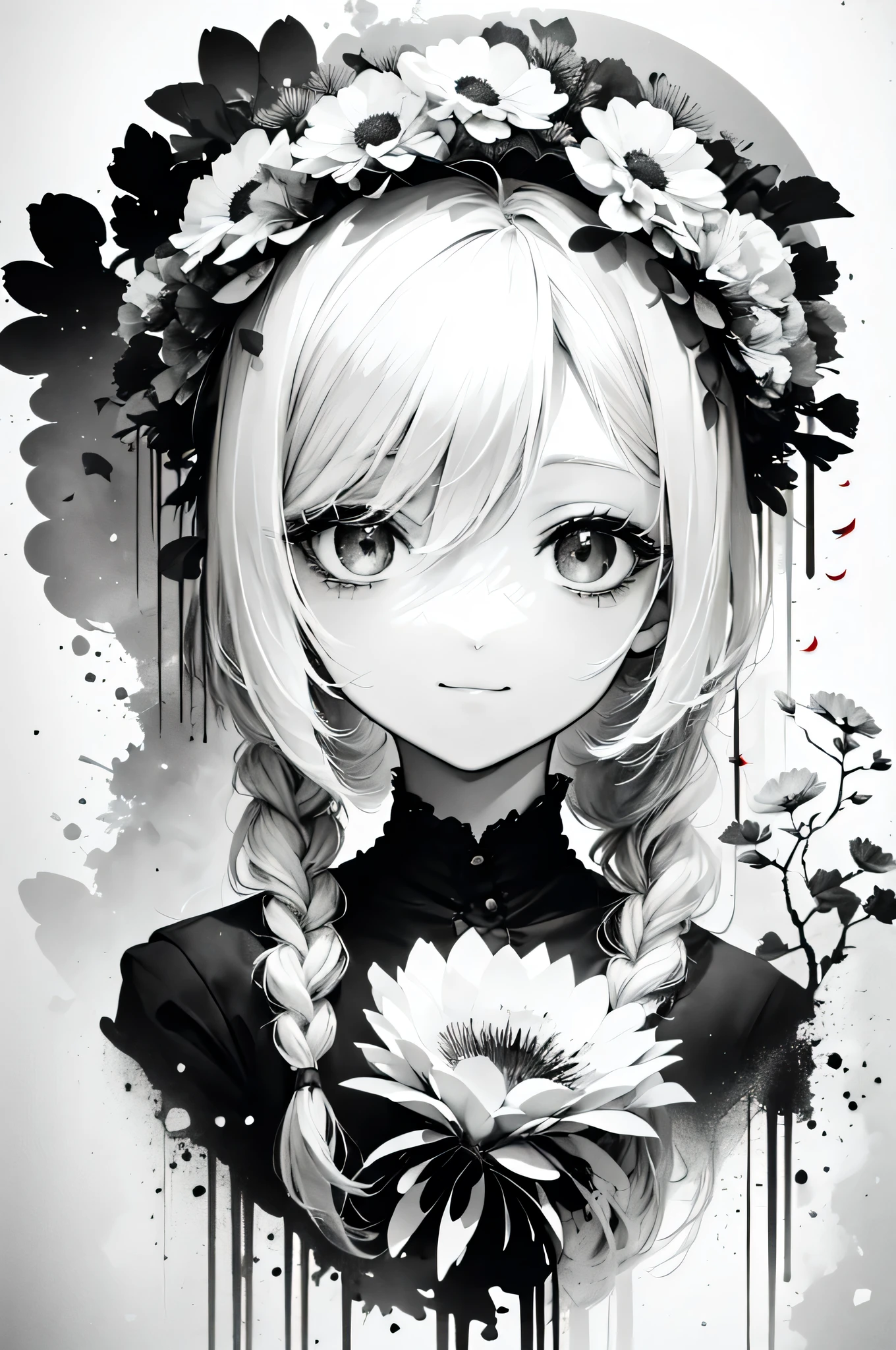 solo,1female\(chibi,cute,kawaii,age of 18,hair color white,braid hair,messy hair,eye color gray,big eyes,white skin,(monochrome:1.2),squint,smiling vely kindly at viewer,portrait\),background\((many beautiful flowers and petal:1.4)\),double exposure, BREAK ,quality\(8k,wallpaper of extremely detailed CG unit, ​masterpiece,high resolution,top-quality,top-quality real texture skin,hyper realisitic,increase the resolution,RAW photos,best qualtiy,highly detailed,the wallpaper\),high contrast,(grayscale:1.4)