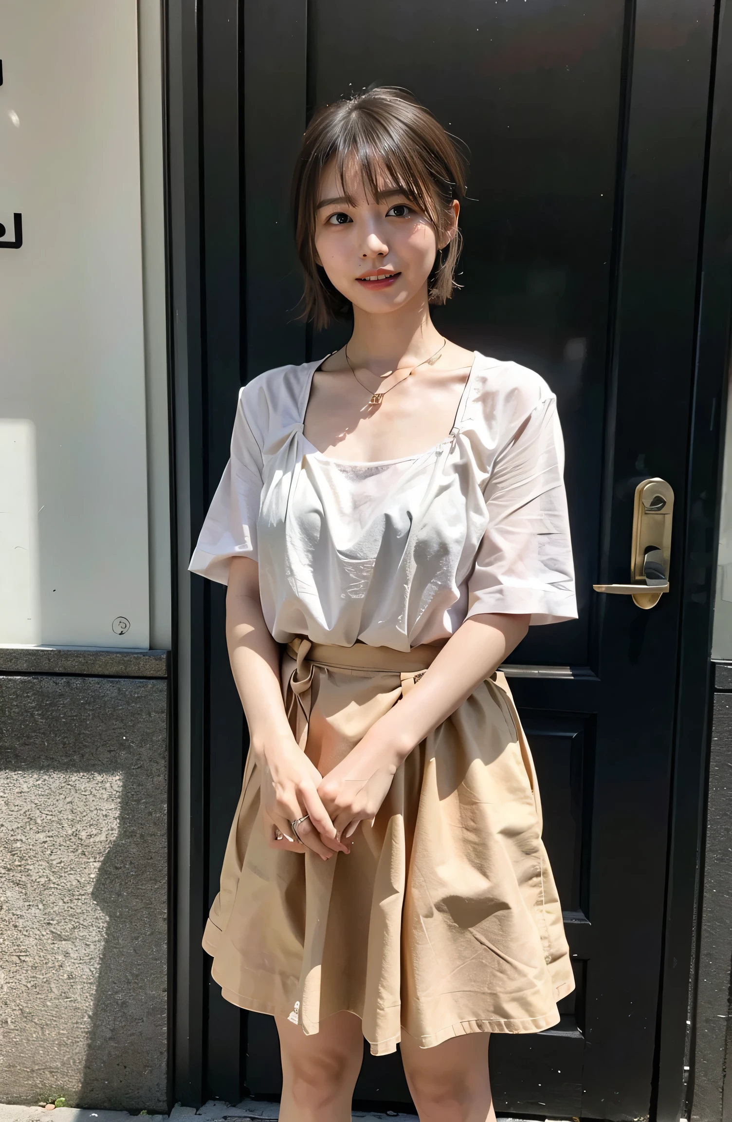 Elegant attire、peace sign、A lovely smile、((Nagoya street corner))、Full body photo、ring、Luxurious clothing、Short skirt、Tuck your hair behind one ear、Silver Necklace、smile、 elegant ponytail、Caustics、Highly detailed photos、Very beautiful eyeedium Short Hair、Large Breasts、Super no makeup、(8k、RAW Photos、highest quality、masterpiece:1.2)、(Realistic、Realistic)、1 girl、((Medium Short Hair、Looking into the camera:1.4))、Hair blowing in the wind