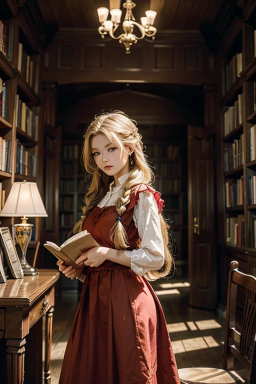 masterpiece, highest quality, High resolution, 、blue eyes、
blonde,  Braiding、Long Hair、Red dress、Classical Western Architecture、Bookshelf、Standing with a book