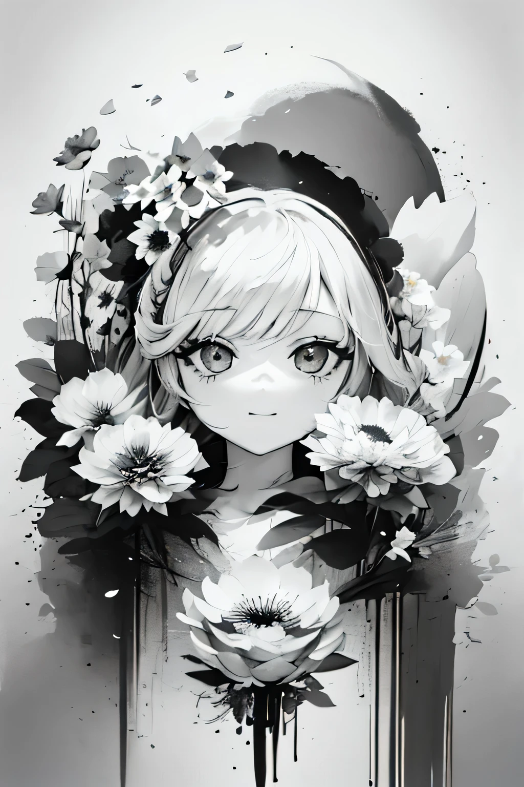 solo,1female\(chibi,cute,kawaii,age of 18,hair color white,braid hair,messy hair,eye color gray,big eyes,white skin,(monochrome:1.2),narrow eyes,smiling vely kindly at viewer,portrait\),background\((many beautiful flowers and petal:1.4)\),double exposure, BREAK ,quality\(8k,wallpaper of extremely detailed CG unit, ​masterpiece,high resolution,top-quality,top-quality real texture skin,hyper realisitic,increase the resolution,RAW photos,best qualtiy,highly detailed,the wallpaper\),high contrast,(grayscale:1.8)