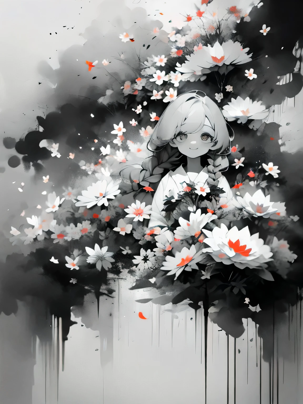 solo,1female\(chibi,cute,kawaii,age of 18,hair color white,braid hair,messy hair,eye color gray,big eyes,white skin,(monochrome:1.2),narrow eyes,smiling vely kindly at viewer,portrait\),background\((many beautiful flowers and petal:1.4)\),double exposure, BREAK ,quality\(8k,wallpaper of extremely detailed CG unit, ​masterpiece,high resolution,top-quality,top-quality real texture skin,hyper realisitic,increase the resolution,RAW photos,best qualtiy,highly detailed,the wallpaper\),high contrast,(grayscale:1.6),monochrome