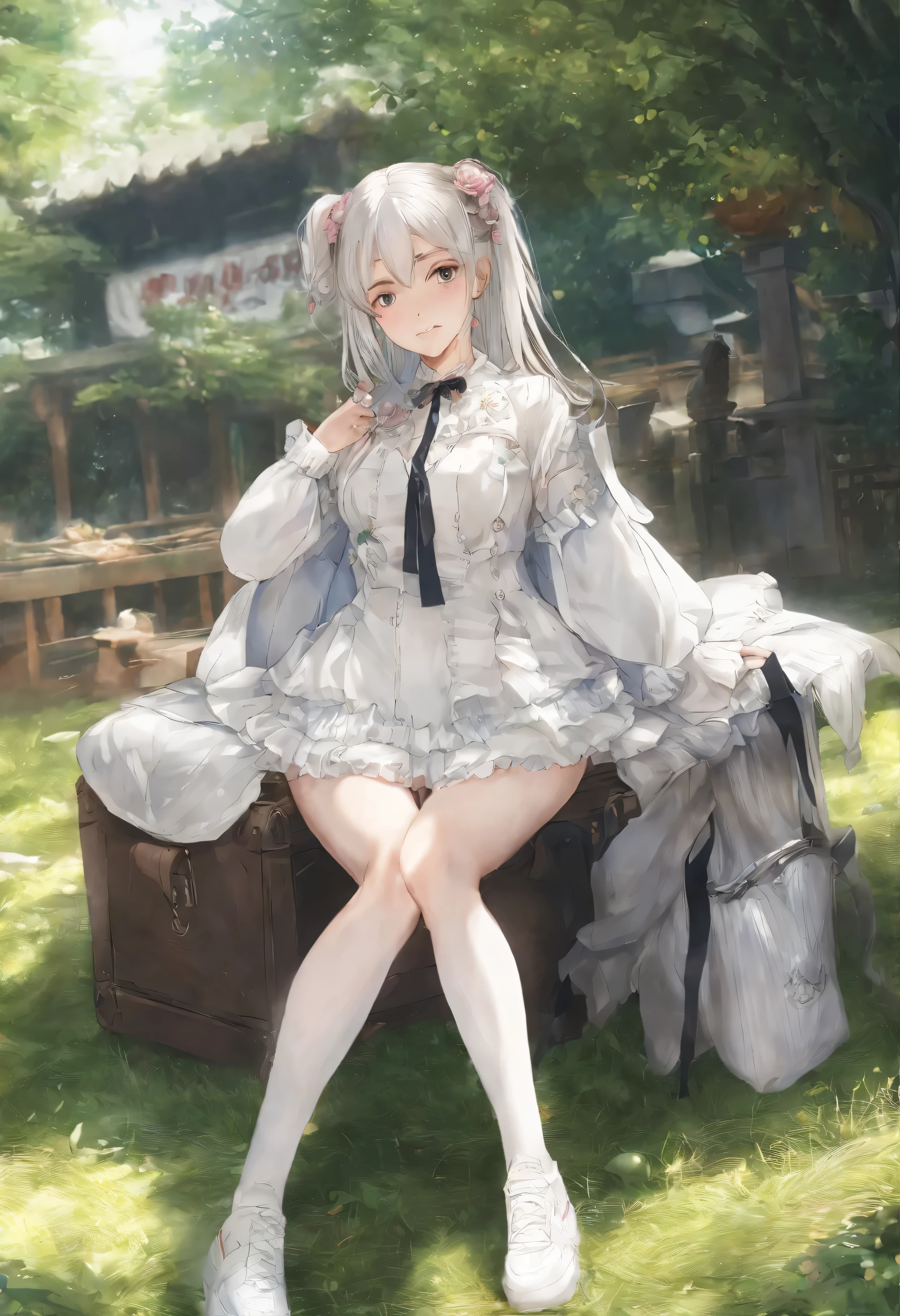 A very beautiful high school girl,Wear a white button-down shirt and low-rise jeans(Detailed costume:1.5),Playing with a ball on the grass at a soccer field,(On the grass:1.02),Super high value,Perfect figure,Beautiful short ponytail,Delicate Hair,White face and skin,Sweat on the forehead,Have fun at the playground,(((Large breasts))),The chest is full and straight:1.5,(The clothes are puffed out too high around the chest, Pressure and swelling:1.5),Delicate, fair and soft toes,White and delicate fingers,(Delicate sneakers:1.5),Focus on the chest,Full body photo:1.8