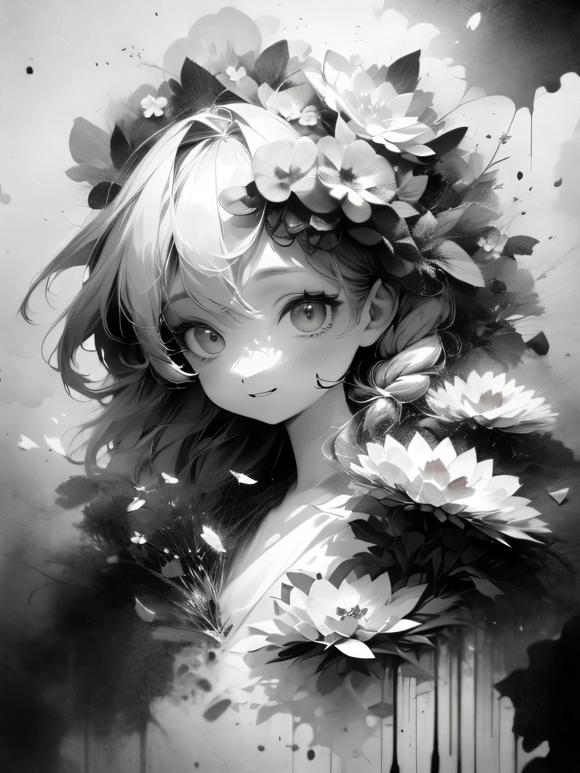 solo,1female\(chibi,cute,kawaii,age of 18,hair color white,braid hair,messy hair,eye color gray,big eyes,white skin,(monochrome:1.2),narrow eyes,smiling vely kindly at viewer,portrait\),background\((many beautiful flowers and petal:1.4)\),double exposure, BREAK ,quality\(8k,wallpaper of extremely detailed CG unit, ​masterpiece,high resolution,top-quality,top-quality real texture skin,hyper realisitic,increase the resolution,RAW photos,best qualtiy,highly detailed,the wallpaper\),high contrast,(grayscale:1.6),monochrome