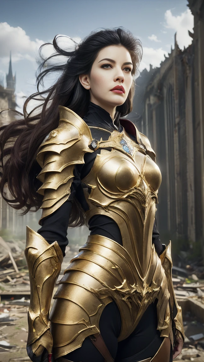 ((a women, standing on ruined buildings, close-up, realistic)) elf ears, elf, Liv Tyler, realistic visuals, artistic refinement, captivating beauty, dramatic contrasts, 8k wallpapers, absurdity, incredible absurdity, golden armor, gadaxintai gaodanvshen, (holding silver sword)), hair floating in the air, ((in battle)), ((best quality: 1.5))