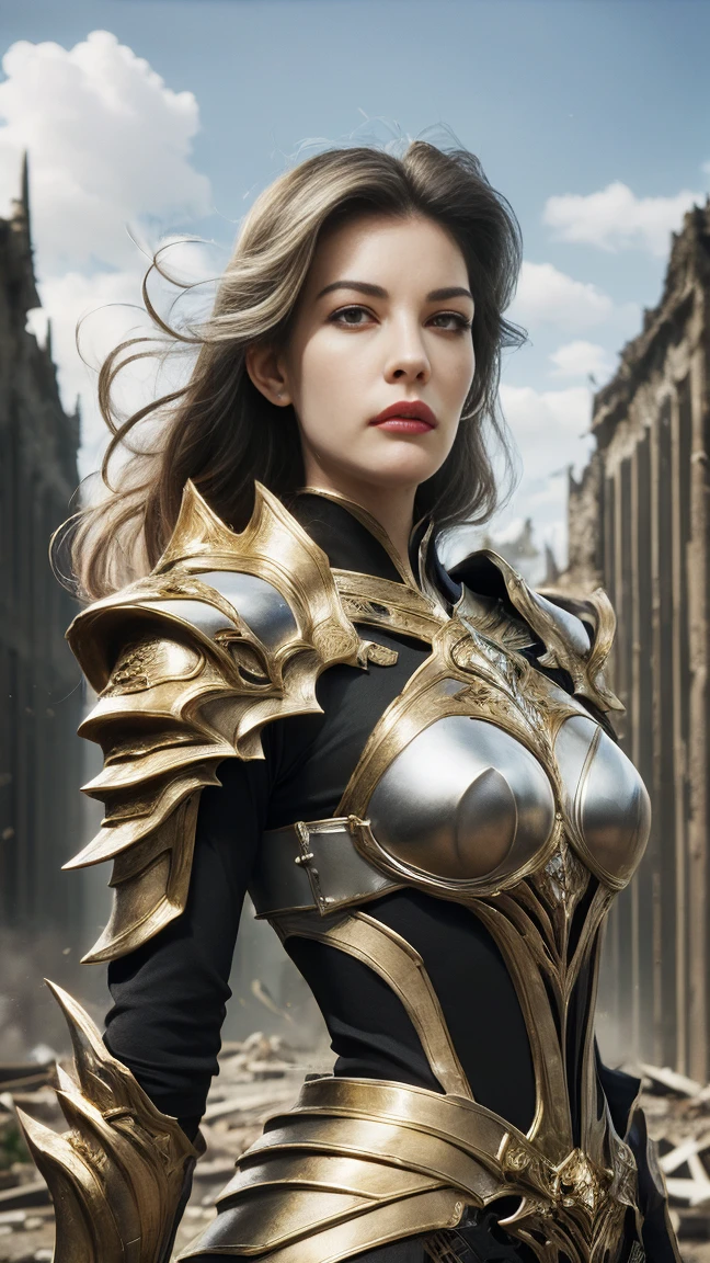 ((a women, standing on ruined buildings, close-up, realistic)) elf ears, elf, Liv Tyler, realistic visuals, artistic refinement, captivating beauty, dramatic contrasts, 8k wallpapers, absurdity, incredible absurdity, golden armor, gadaxintai gaodanvshen, (holding silver sword)), hair floating in the air, ((in battle)), ((best quality: 1.5))