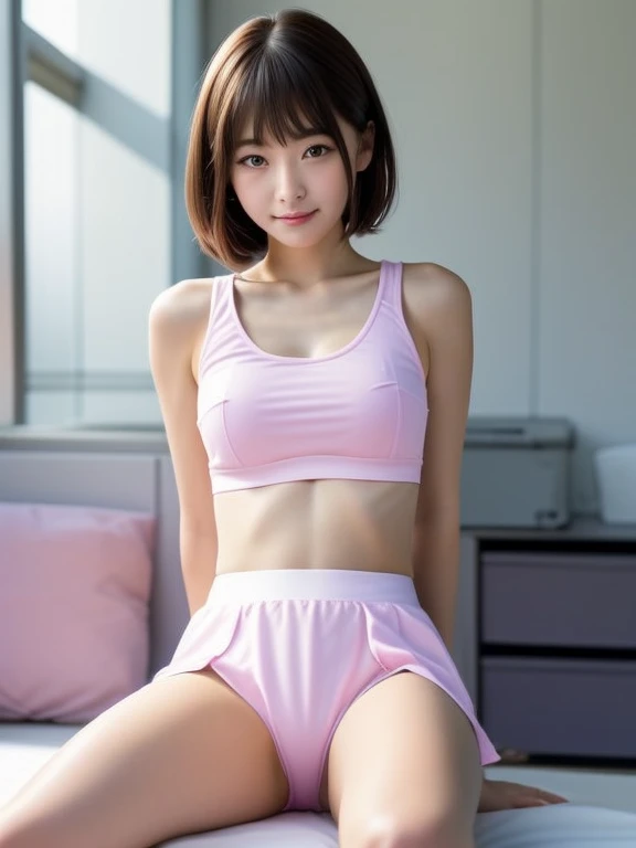 (((Small))),Side Shot,masterpiece, highest quality, High resolution, wallpaper, Realistic, Bright lighting, Professional Lighting, Face Light, Smooth lighting, Japanese Girls, ((Whole body 1.4)),Are standing, cute, smile, beautiful girl, gravure, sexy, so beautiful, Beautiful Skin, Beautiful and detailed、Detailed face、slim、Moderate, short hair, Blonde Hair, Brown Eyes, View your viewers,Tennis player costume,mini skirt,sit,(knee up:1.3),Pink Panties,Panty Shot,Small,Bare legs,