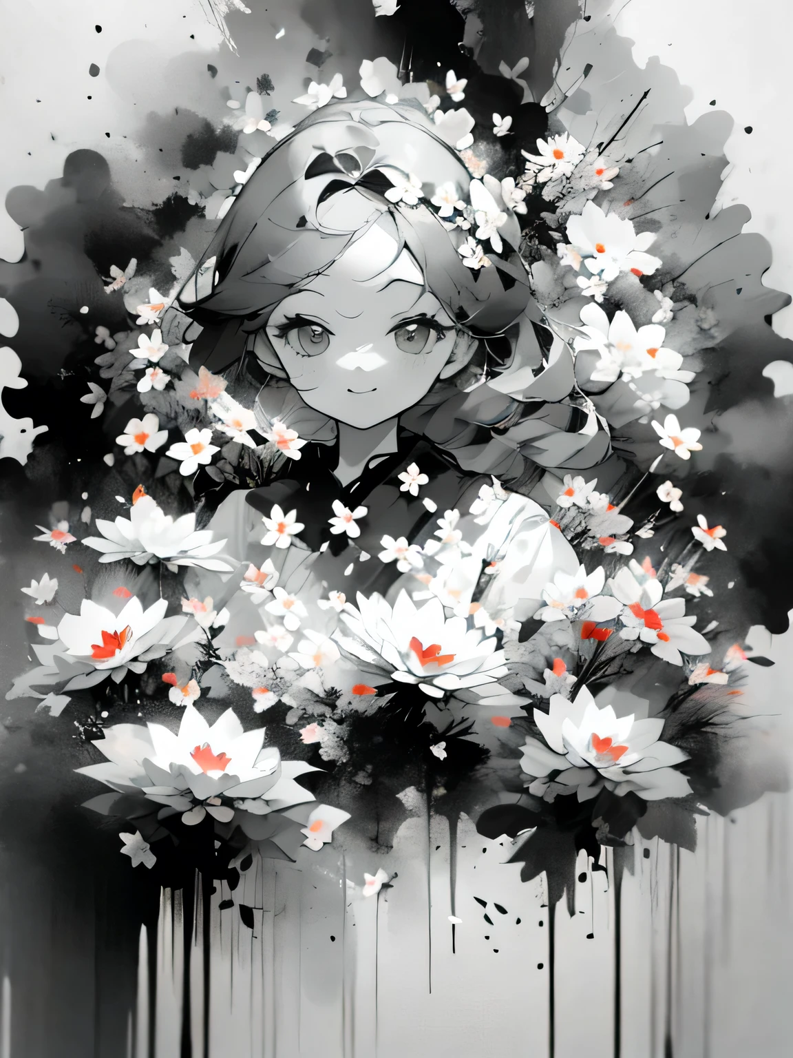 solo,1female\(chibi,cute,kawaii,age of 18,hair color white,braid hair,messy hair,eye color gray,big eyes,white skin,(monochrome:1.2),narrow eyes,smiling vely kindly at viewer,portrait\),background\((many beautiful flowers and petal:1.4)\),double exposure, BREAK ,quality\(8k,wallpaper of extremely detailed CG unit, ​masterpiece,high resolution,top-quality,top-quality real texture skin,hyper realisitic,increase the resolution,RAW photos,best qualtiy,highly detailed,the wallpaper\),high contrast,(grayscale:1.6),(monochrome:1.4)