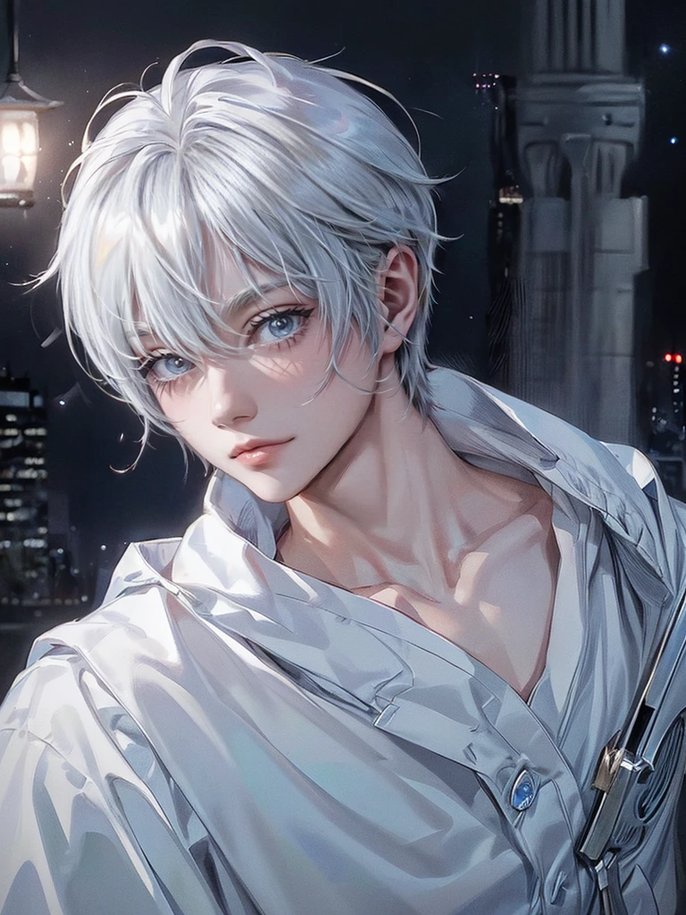 ((4K works))、masterpiece、(top-quality)、One beautiful boy、Slim body、tall、((Black Y-shirt and white pants、Charming British knight style))、Please wear one jacket、(Detailed beautiful eyes)、Fantastic Night City、((City under the stars))、Fantastic city at midnight、((Face similar to Carly Rae Jepsen))、((Short-haired white hair))、((Smaller face))、((Neutral face))、((Bright blue eyes))、((American adult male))、((Adult male 26 years old))、((Cool Men))、((Like a celebrity))、((Crying expression))、((sad look))、((Korean Makeup))、((elongated and sharp eyes))、((Happy dating))、((boyish))、((Upper body photography))、Professional Photos、((Shot alone))、((She is looking up at the sky under the roof))、((Shot from the side))、((Crying profile))、((Face crying in pain))、((He is looking upwards))、((His eyes are looking down))、((He stands next to the viewer))、((He who cries))、I'm crying on a stick.、Man crying while standing、Solitude、saddened、desolate、suffocating、heartbreaking、auw