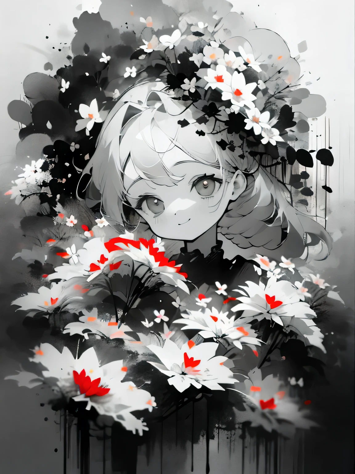 solo,1female\(chibi,cute,kawaii,age of 18,hair color white,braid hair,messy hair,eye color gray,big eyes,white skin,(monochrome:1.2),narrow eyes,smiling vely kindly at viewer,portrait\),background\((many beautiful flowers and petal:1.4)\),double exposure, BREAK ,quality\(8k,wallpaper of extremely detailed CG unit, ​masterpiece,high resolution,top-quality,top-quality real texture skin,hyper realisitic,increase the resolution,RAW photos,best qualtiy,highly detailed,the wallpaper\),(high contrast:1.5),(grayscale:1.6),(monochrome:1.4)