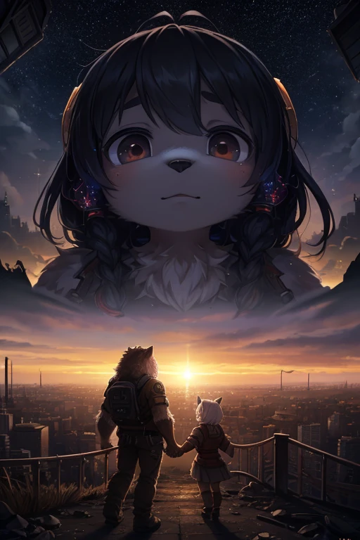 Unrealistic Perspective , dynamic angle , dynamic model action , realistic hairy fur , round face , moist round eyes , Swollen cheeks , hair ties , Short stature ,
((Friendship)), The end of the world, Spectacular and realistic, (High resolution:1.4), (Calm colors:1.4), Apocalypse, Abandoned, Neutral Color, night, Screen Space Refraction, (Intricate details), (Intricate details, Ultra-detailed:1.2), Art Station, Cinematic shots, Vignette, Complex background, building,((Hand in hand))