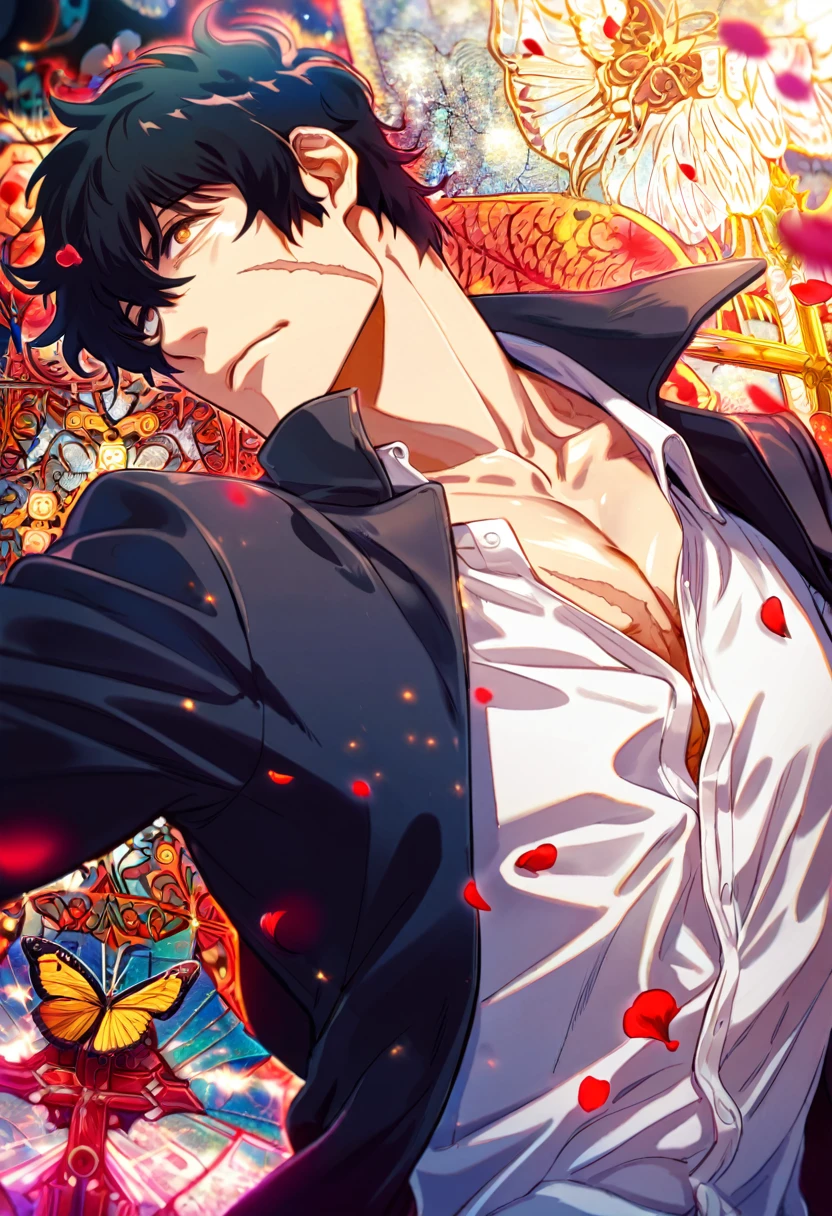 Ultra detailed, HDR, Highres, absurdres, master piece, Steven A. Starphase, black hair, expressive brown eyes, black coat with patterns, Kekkai Sensen, scar on his left cheek, cross, petals, butterflies, sexy man, solo, handsome, glittering, toned chest, white shirt, ice,