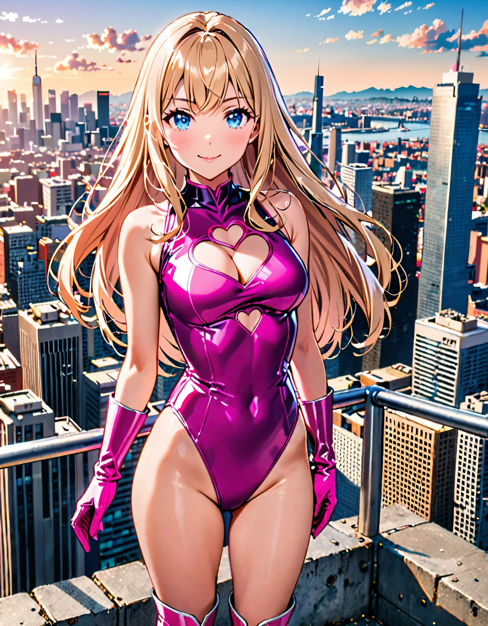 masterpiece, best quality, highres, 1girl, solo, superhero, leotard, bare legs, matching boots, sleeveless, looking at viewer, city backdrop, perfect hands, perfect eyes, perfect leotard, perfect legs, perfect arms, perfect fingers, medium breasts, pink leotard, standing, (blonde hair), long hair, knee boots, blue eyes, heart cutout, cute face, hair down, bangs, sleeveless, pink gloves, pink footwear, cleavage cutout, smile, full body with costume :d