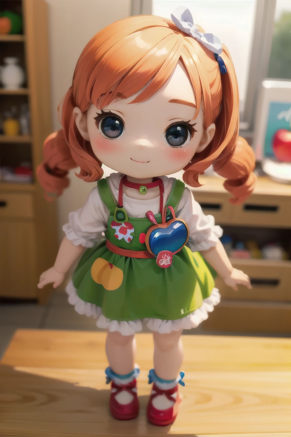 Photorealistic、Chibi Girl Doll（Apple-themed clothing、Have a magic wand、smile、Vibrant colors）