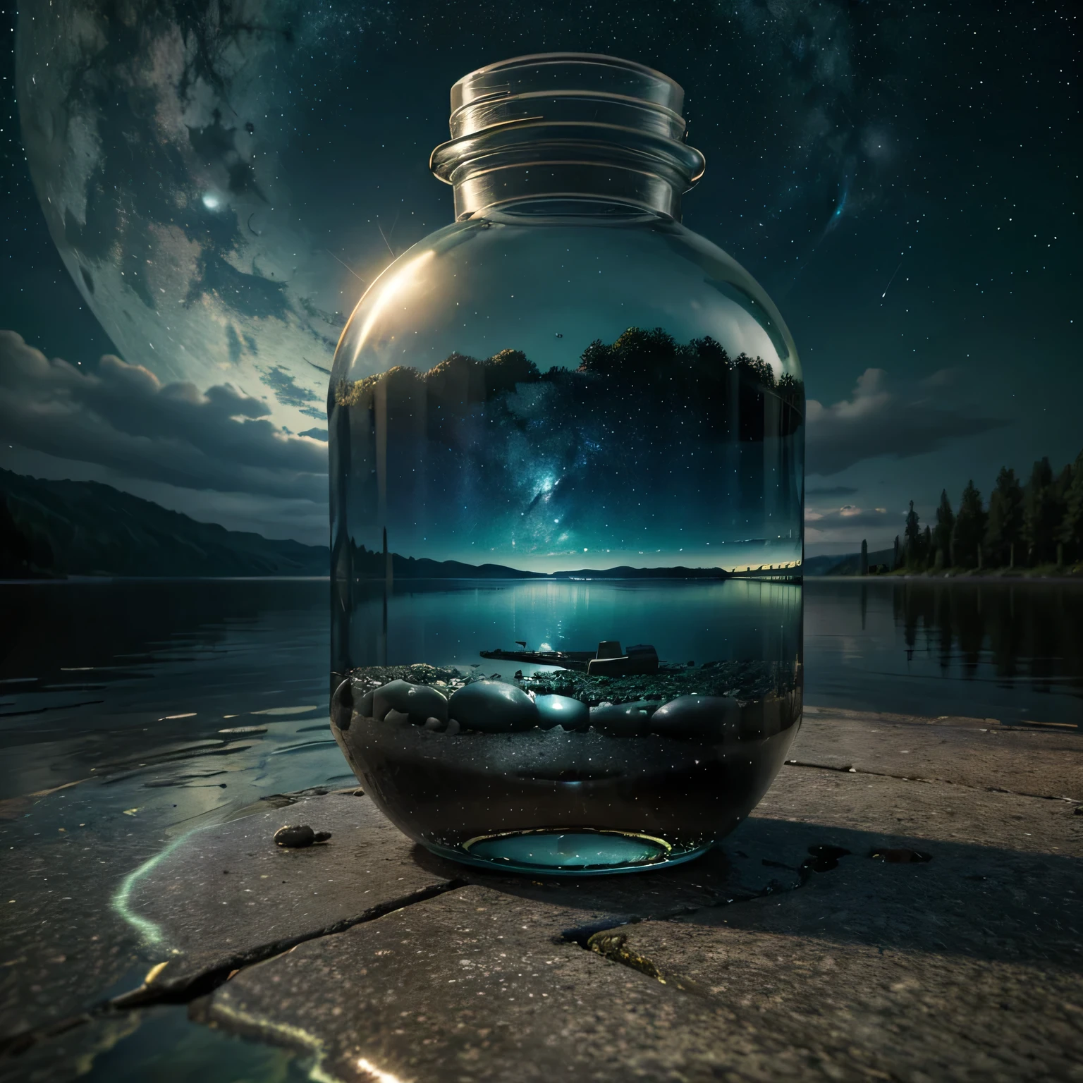 a colossal bottle which contained a majectic lake , very high quality and Very detailed scene , Octane render, Starry Sky , Dreams , Giant green Moon , Vaut of heaven , Inspiration, Imagination