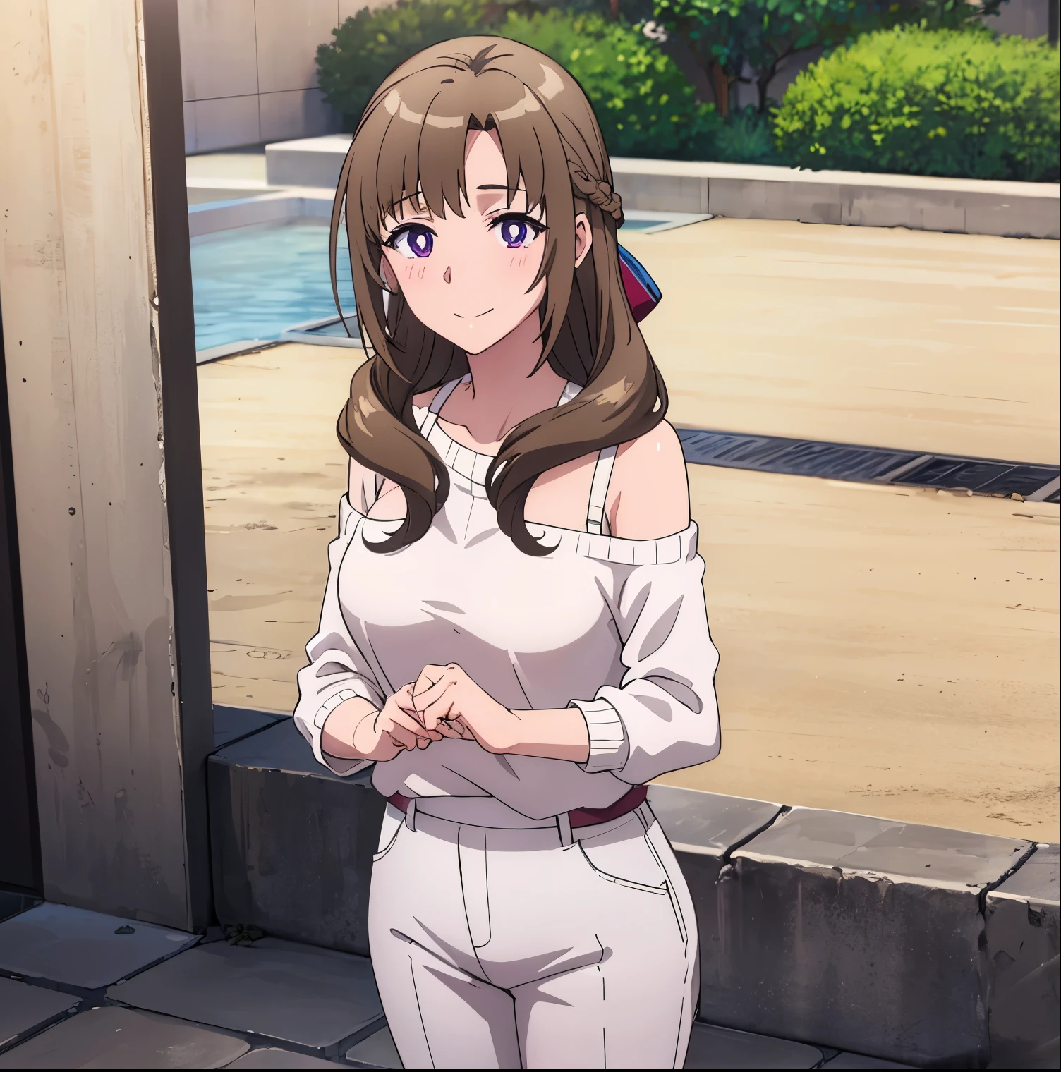 1girl, alone,mamako oosuki,masterpiece, (best quality),   brown hair,  long hair,  (hair down), purple eyes,mature female, white shirt, pants, sweater,big breasts, ribbon,sexy woman,smile, Full body ,closed clothes, embarrassed,blush,  bare shoulders, vibrant colors ,natural lighting  ,RTX,  , beautiful, (detailed face:1.2), showcase, (perfect eyes:1.1) ,(photorealistic:1.1), 8k uhd,  looking at viewer, outdoors,  simple backround, perfect hands, perfect anatomy 