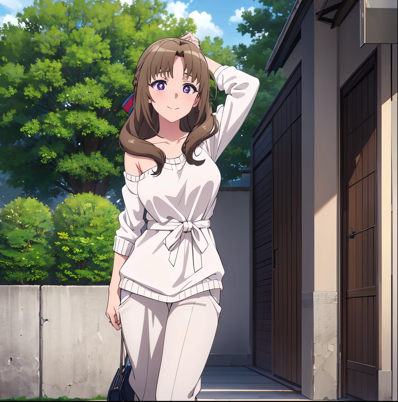 1girl, alone,mamako oosuki,masterpiece, (best quality),   brown hair,  long hair,  (hair down), purple eyes,mature female, white shirt, pants, sweater,big breasts, ribbon,sexy woman,smile, Full body ,closed clothes, embarrassed,blush,  bare shoulders, vibrant colors ,natural lighting  ,RTX,  , beautiful, (detailed face:1.2), showcase, (perfect eyes:1.1) ,(photorealistic:1.1), 8k uhd,  looking at viewer, outdoors,  simple backround, perfect hands, perfect anatomy 