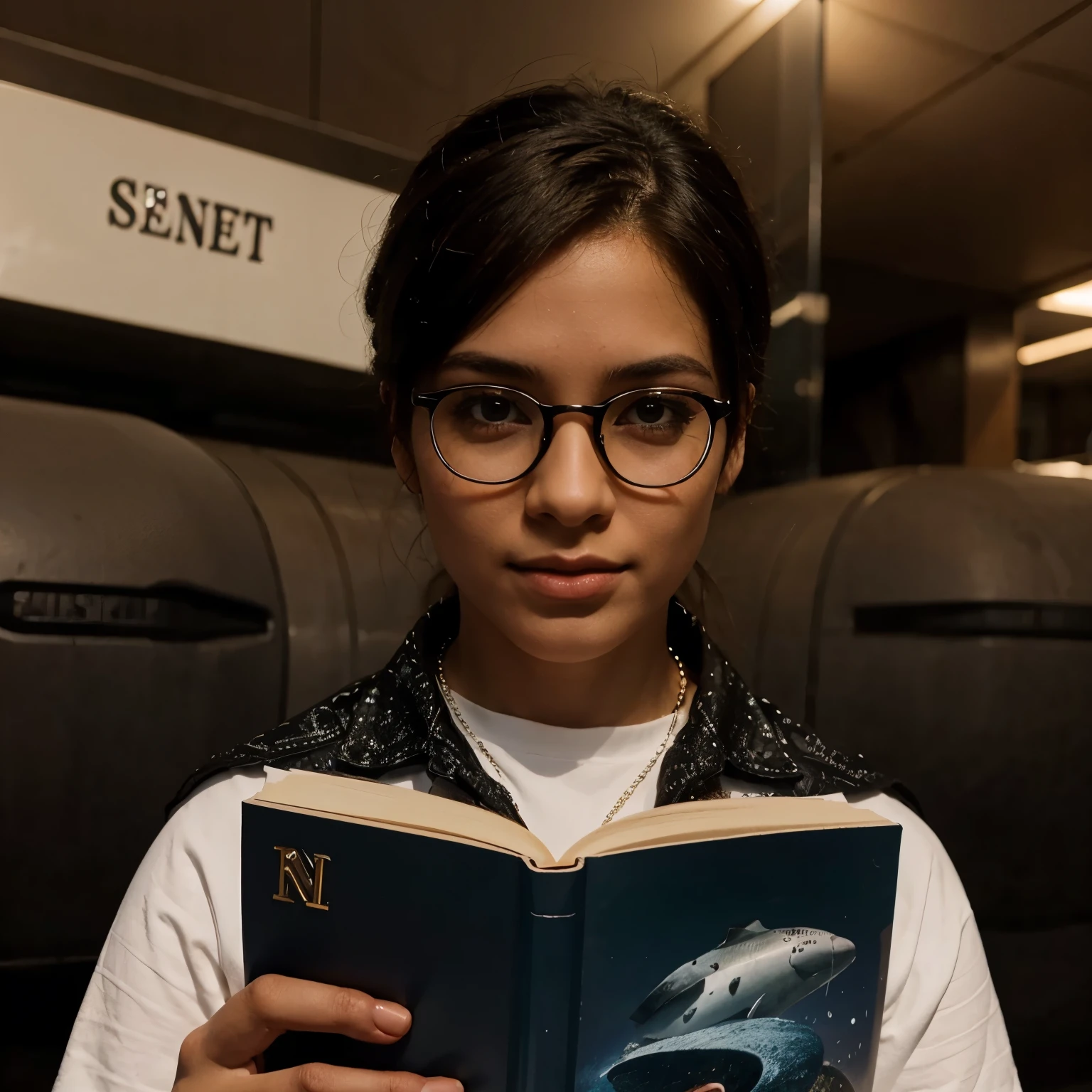 Brown eyes ,ni blanco ,con lentes con cabello negro y peinado de libro que de su cabeza salgan ballenas y brillitos ,fondo de mar