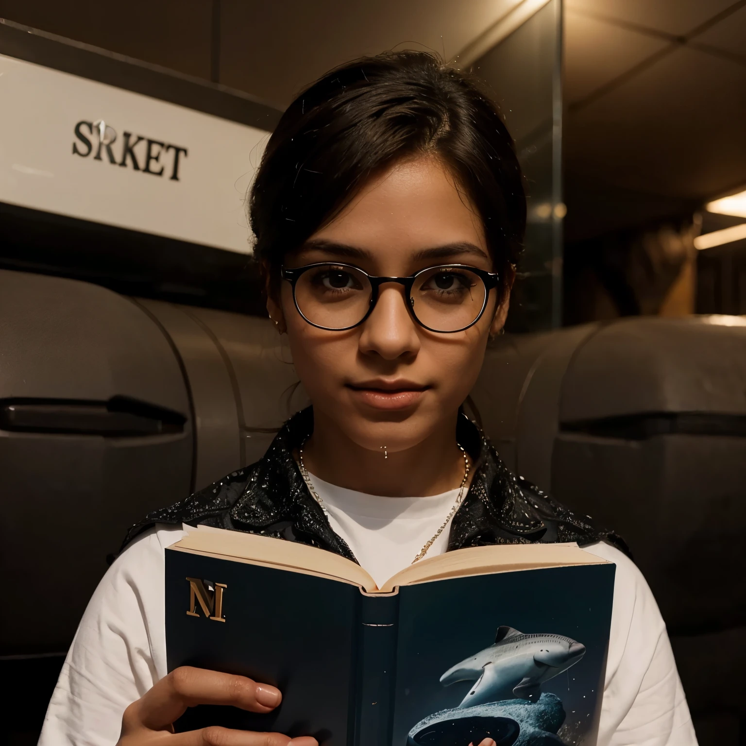 Brown eyes ,ni blanco ,con lentes con cabello negro y peinado de libro que de su cabeza salgan ballenas y brillitos ,fondo de mar