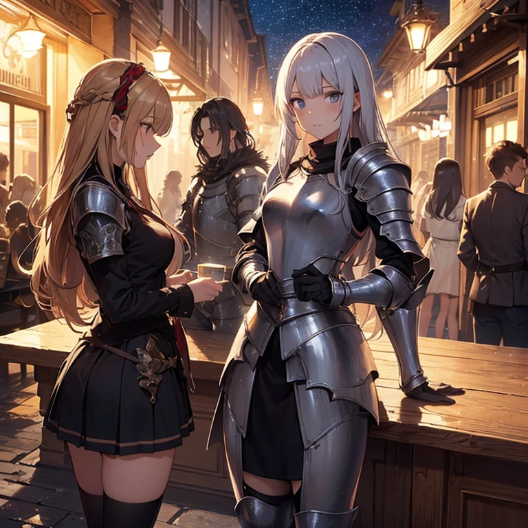 A group of young female knight, (in tavern), various hair styles, harem, wearing armored clothes, metal armor, night, details face, , short skirt, seducing, sword, sleeveless , night, starry night 