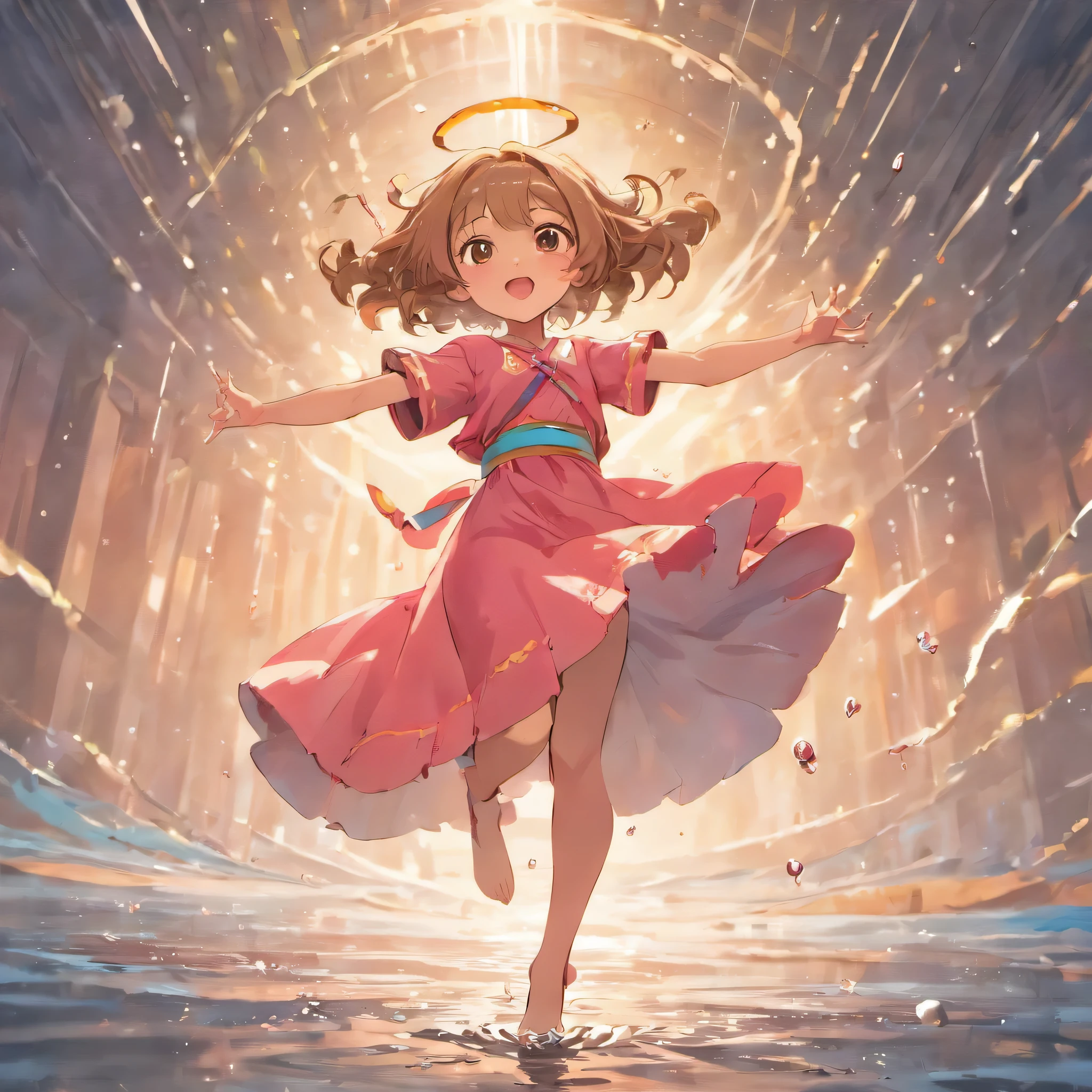 girl with medium-long light brown hair wearing a headband., in pink dress barefoot jumping in a small puddle of water, alegre y feliz! Dans un champs de fleurs roses, lit by the rays of the sun in 4k, image très colorée, joie de vivre, 