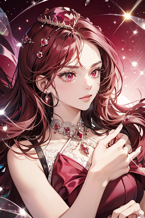 Garnet's Jewel Charm is octagon-shaped and colored pink. It is decorated with four teardrop shaped garnets in the center arranged into a clover and four round garnets surrounding it. It has white gold lining as well. SPARKLE; GLITTER