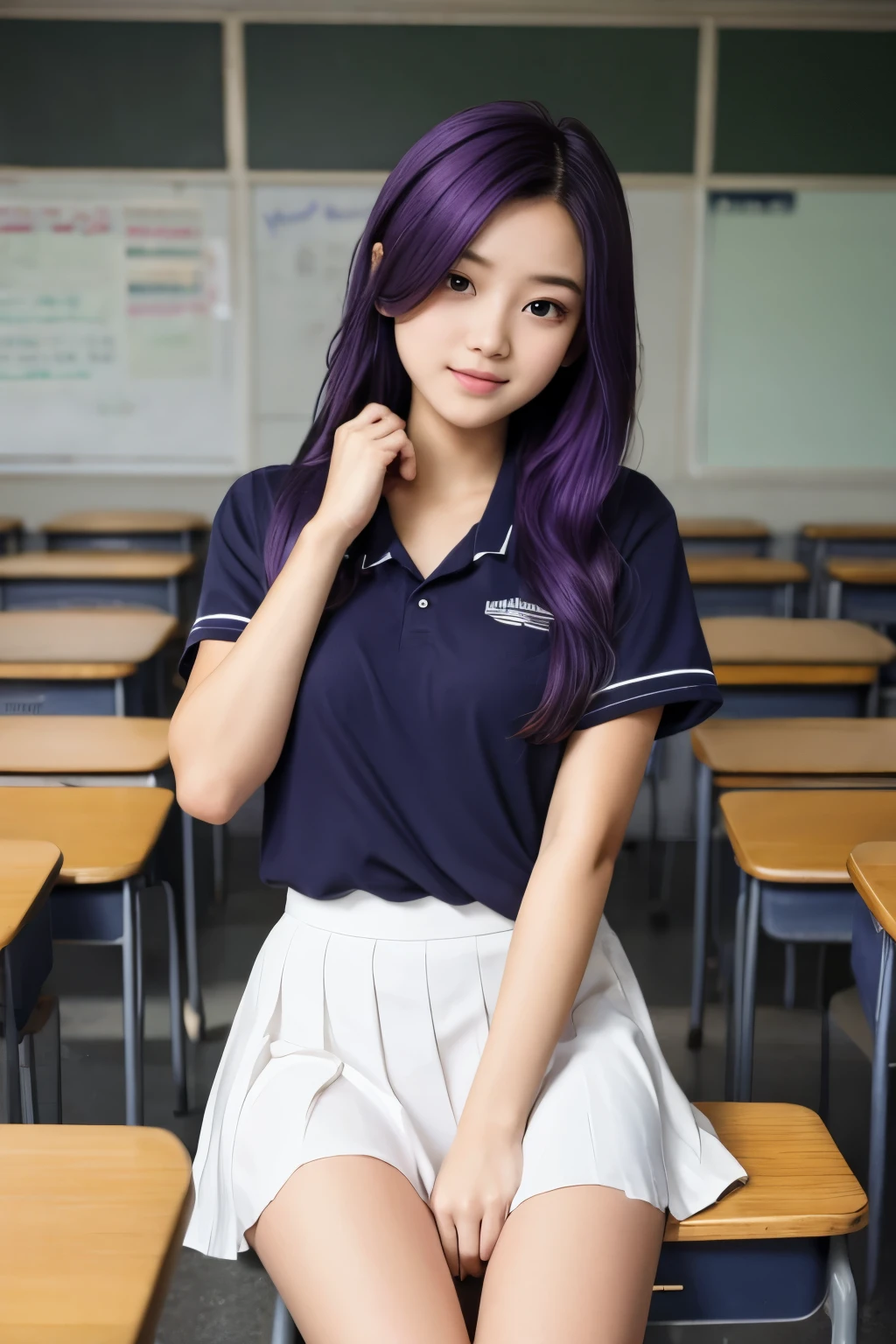 1girl, long midnight purple hair, golden light eyes, sit in class, white school modern uniform