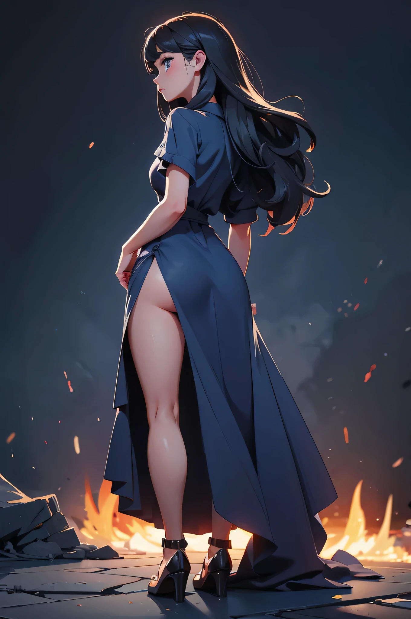 fingers crossed behind back, blood, in sundress, dark blue, brght grey eyes, full body. women, booty