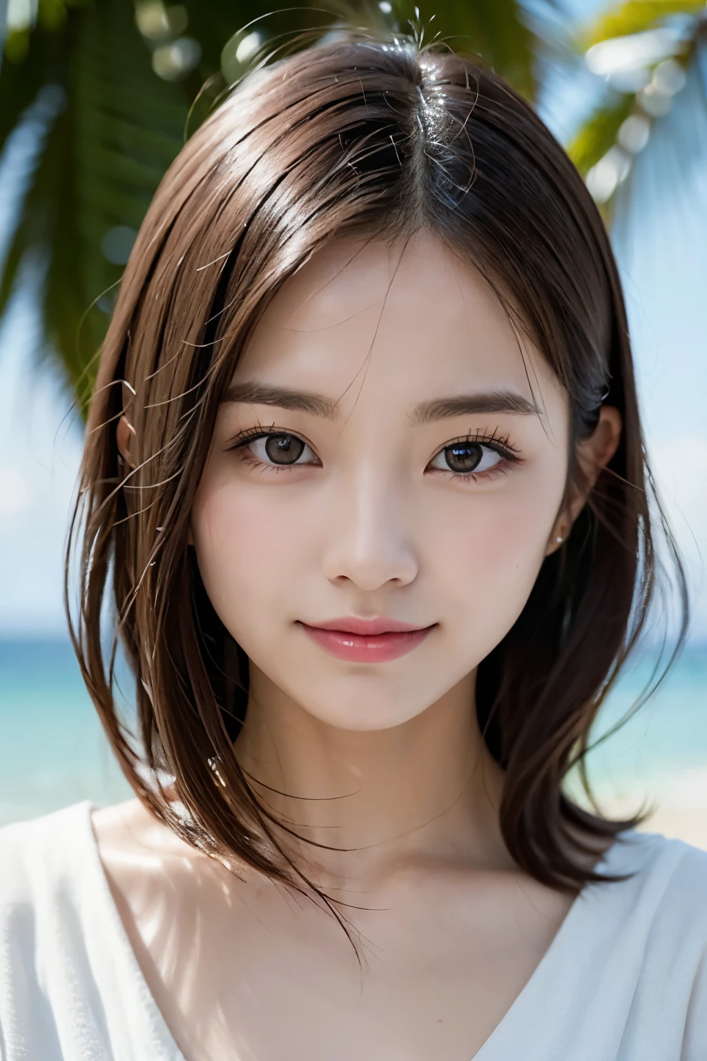 Tabletop、highest quality、shape、Super detailed、Detailed、High resolution、16k、Perfect dynamic composition、Straight Hair、Medium Hair、Brown Hair、Natural color lip、smile、20歳のgirl、cute、beautiful、完璧でbeautiful顔、Beautiful and dense face、Slim face and body、Elegant face、KPOP idol faces、Daybook Idol Face、Small Face、Big eyes、Brown eyes、Droopy eyes、濃くてbeautiful目、girl、lie、Beach、死者のDay、early morning、Light、Gentle glow、Calm expression、quiet、Pale pink、Soft Blue、dawn、null、Calm sea、quiet、Day、