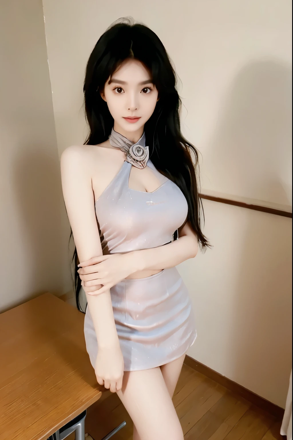 Beautiful woman with perfect body:1.4,Layered Hairstyle,Prominent cleavage:1.2,Highly detailed face and skin textures,Double eyelids,Skin Whitening,Long hair,Whitened long legs,(White clothes),standing in a school