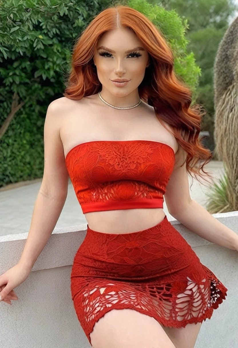 (best high quality:1.5), obra de arte, ((8k)), extremely detailed, (High details:1.4), (Hotlexi woman), Solo, Caucasian red-haired, female, (micro-skirt and crop top strapless),