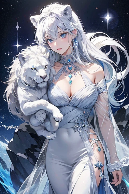 Granite is a pure white girl lion with a gray mane and tail and blue inner ears. her Jewel Eyes are made out of navy blue granite rocks. For her attire, she wears a light blue pearl necklace with a navy blue spherical pentagram-shaped granite rock attached around her neck. SPARKLE; GLITTER