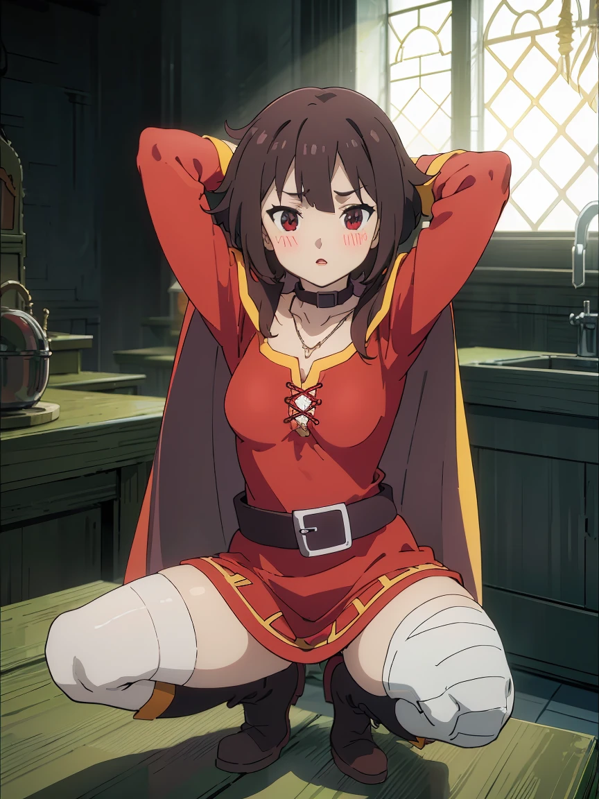 There is a girl with shiny skin, Sexy pose,Best quality,masterpiece,(Realism:1.4),Breast augmentation,Reality,official art,8K picture quality,Super Detail,Delicate detail skin,angle,Texture,light,On the table,highest image quality,1 girl,Red lips,Messy hair,panty shot,big,Crispy Breast,1 Girl,Upper limbs,((cleveage)), Red Eyes, (((Small Breasts))), ((((blush)))), brown hair, ((Shy)),(((Side short hair, Huihui, kitchen,Bandaged left leg, Right leg black knee-high socks, boots, Necklace, Gloves, belt, Red Dress, cape, fingerless Gloves, (Squatting, spread your legs)),raise arms, Arms behind head