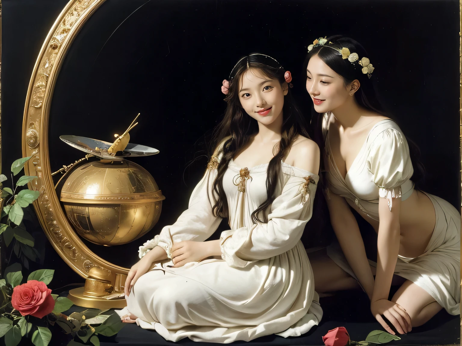 Female angel with two white wing,full body portrait or statue、Sandro Botticelli painting style,Arguments of two female Philosophe,math、astronomical machine、astronaut、roses in vase、fruits、Cute trinkets、smile、ancient greek costume、Ancient Roman landscape in the style of Nicolas Poussin,laughter,,Sweet and seductive appearance.、Caravaggio's paintings、Chiaroscuro of Caravaggio、hair tousled by the wind,Two women frolicking,cute smile, expression of ecstasy,Sexy,erotic