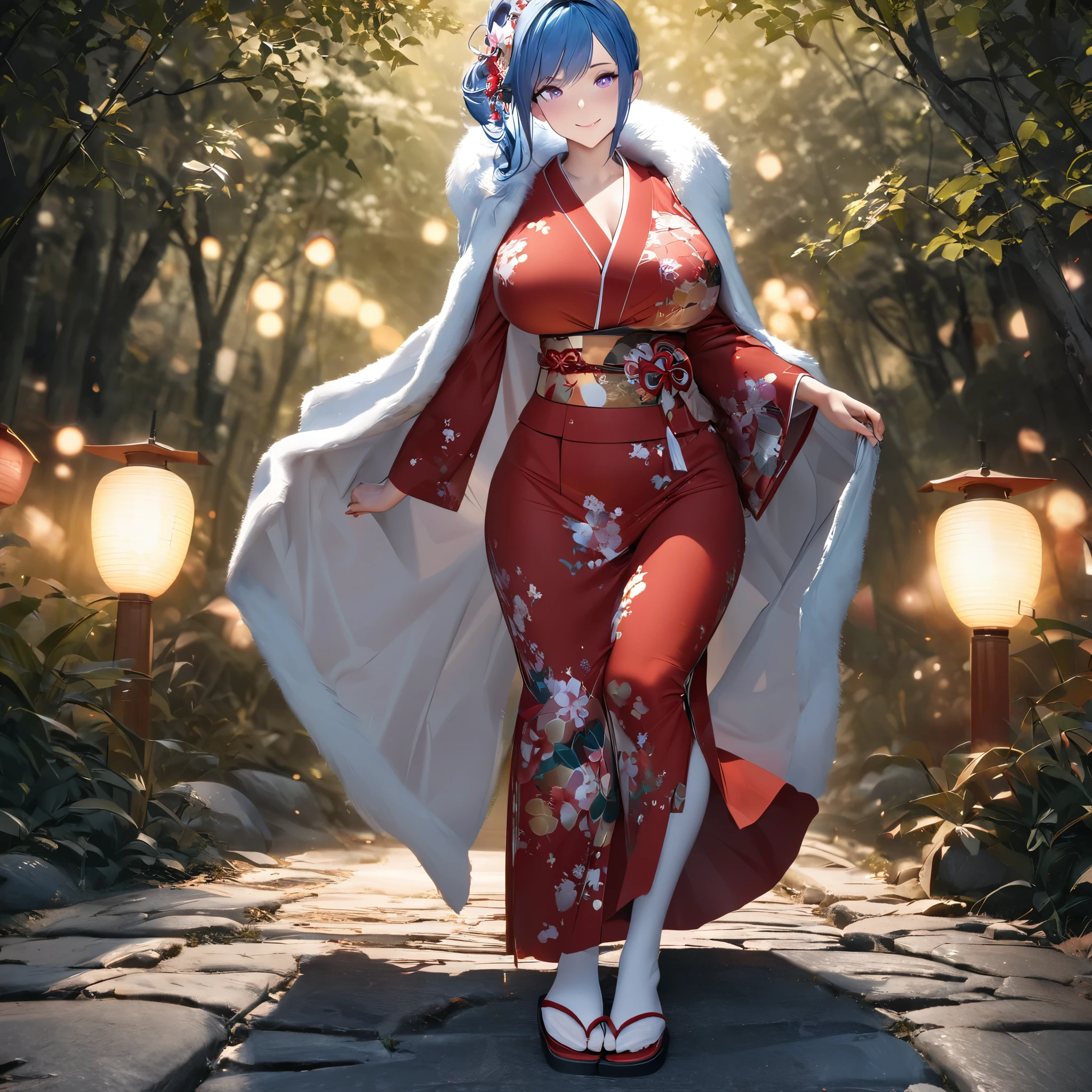 A woman wearing a red yukata with long-sleeved flower designs, blue hair, big breasts, purple eyes, smiling, ponytail hair, red bow and flowers in her hair, long white stockings, white fur cape on her shoulders, flip-flops Japanese woman on her feet, walking on a stone sidewalk, traditional Japanese lamps illuminating the place, in a traditional Japanese forest, full body,perfect face,bokeh effect, stereogram, tachi-e, pov, atmospheric perspective, high detail, luminism, hyperrealism, brightness, 8k, super detail, accurate, best quality, high resolution, award-winning, anatomically correct ( solo woman)
