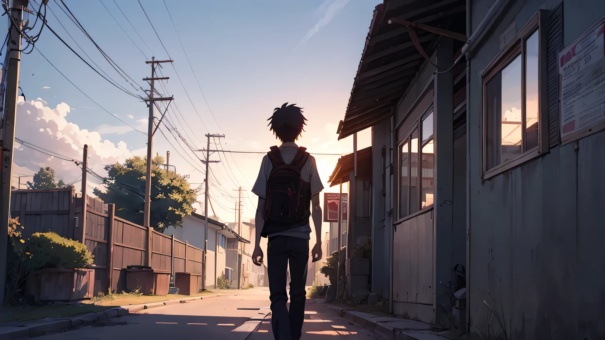 Lonely schools with a 15 year old boy, atardecer estilo anime 2d