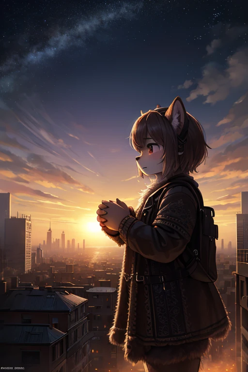 Unrealistic Perspective , dynamic angle , dynamic model action , realistic hairy fur , round face , moist round eyes , Swollen cheeks , hair ties , Short stature , 
((Friendship)), The end of the world, Spectacular and realistic, (High resolution:1.4), (Calm colors:1.4), Apocalypse, Abandoned, Neutral Color, night, Screen Space Refraction, (Intricate details), (Intricate details, Ultra-detailed:1.2), Art Station, Cinematic shots, Vignette, Complex background, building,((Hand in hand))