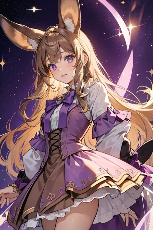 Io is a light brown lop girl rabbit with long, brown drooping ears. her Jewel Eyes are made out of purple iolites. For her attire, she wears a purple ribbon bowtie around her neck. SPARKLE; GLITTER