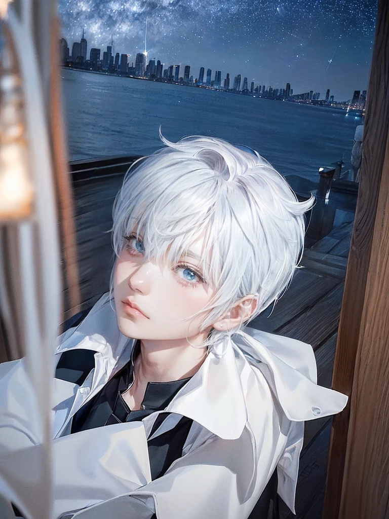 ((4K works))、masterpiece、(top-quality)、One beautiful boy、Slim body、tall、((Black Y-shirt and white pants、Charming British knight style))、Please wear one jacket、(Detailed beautiful eyes)、Fantastic Night City、((City under the stars))、Fantastic city at midnight、((Face similar to Carly Rae Jepsen))、((Short-haired white hair))、((Smaller face))、((Neutral face))、((Bright blue eyes))、((American adult male))、((Adult male 26 years old))、((Cool Men))、((Like a celebrity))、((Crying expression))、((sad look))、((Korean Makeup))、((elongated and sharp eyes))、((Happy dating))、((boyish))、((Upper body photography))、Professional Photos、((Shot alone))、((She is looking up at the sky under the roof))、((Shot from the side))、((Crying profile))、((Face crying in pain))、((He is looking upwards))、((His eyes are looking down))、((He stands next to the viewer))、((He who cries))、I'm crying on a stick.、Man crying while standing、Solitude、saddened、desolate、suffocating、heartbreaking、auw