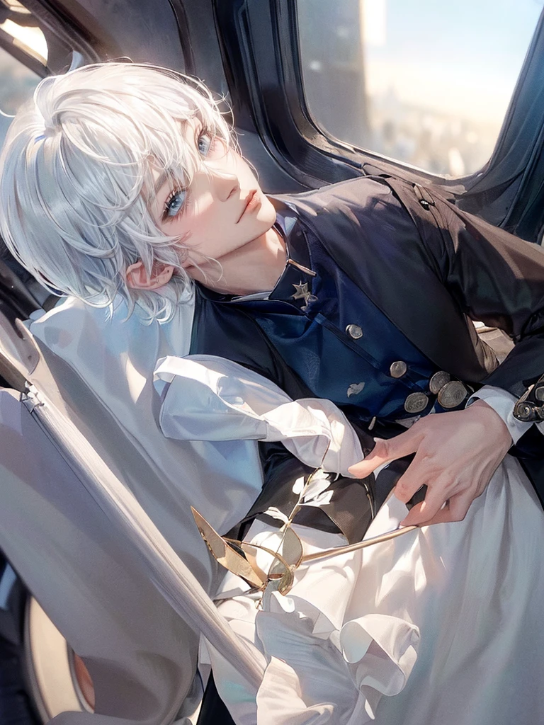 ((4K works))、masterpiece、(top-quality)、One beautiful boy、Slim body、tall、((Black Y-shirt and white pants、Charming British knight style))、Please wear one jacket、(Detailed beautiful eyes)、Fantastic Night City、((City under the stars))、Fantastic city at midnight、((Face similar to Carly Rae Jepsen))、((Short-haired white hair))、((Smaller face))、((Neutral face))、((Bright blue eyes))、((American adult male))、((Adult male 26 years old))、((Cool Men))、((Like a celebrity))、((Crying expression))、((sad look))、((Korean Makeup))、((elongated and sharp eyes))、((Happy dating))、((boyish))、((Upper body photography))、Professional Photos、((Shot alone))、((She is looking up at the sky under the roof))、((Shot from the side))、((Crying profile))、((Face crying in pain))、((He is looking upwards))、((His eyes are looking down))、((He stands next to the viewer))、((He who cries))、I'm crying on a stick.、Man crying while standing、Solitude、saddened、desolate、suffocating、heartbreaking、auw