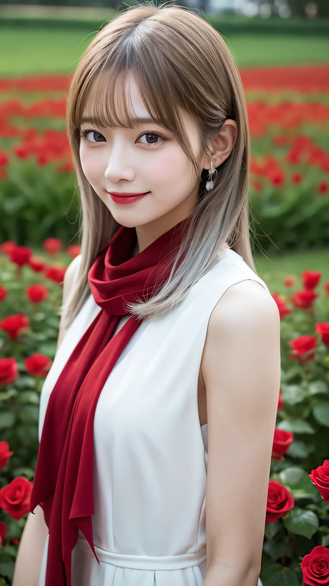 Overlooking, Panorama, perspective, Depth of written boundary, bust, Upper Body, Movie angle, masterpiece, highest quality, Super detailed, CG, 8k wallpaper, Beautiful Face, Delicate eyes, Otome, alone, smile, Silver Hair, Golden Eyes, Fair skin, hair, Red scarf, White evening dress, Rose Field, Red flower, rose, Flower Field, petal, Flying petal, smile