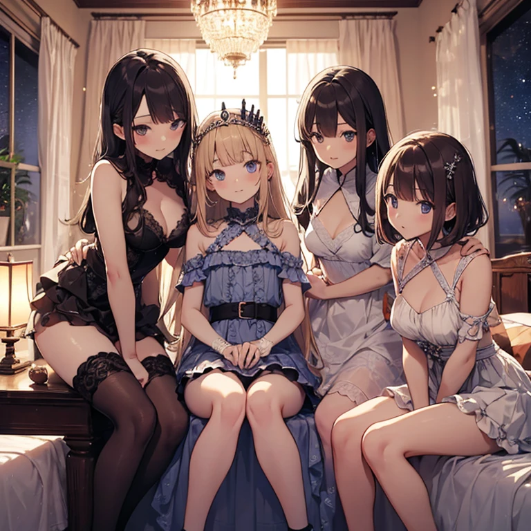 A group of young princesses, (in bedroom), various hair styles, harem, wearing royal dress, night, details face, , short skirt, seducing, sleeveless , showing armpits, night, starry night