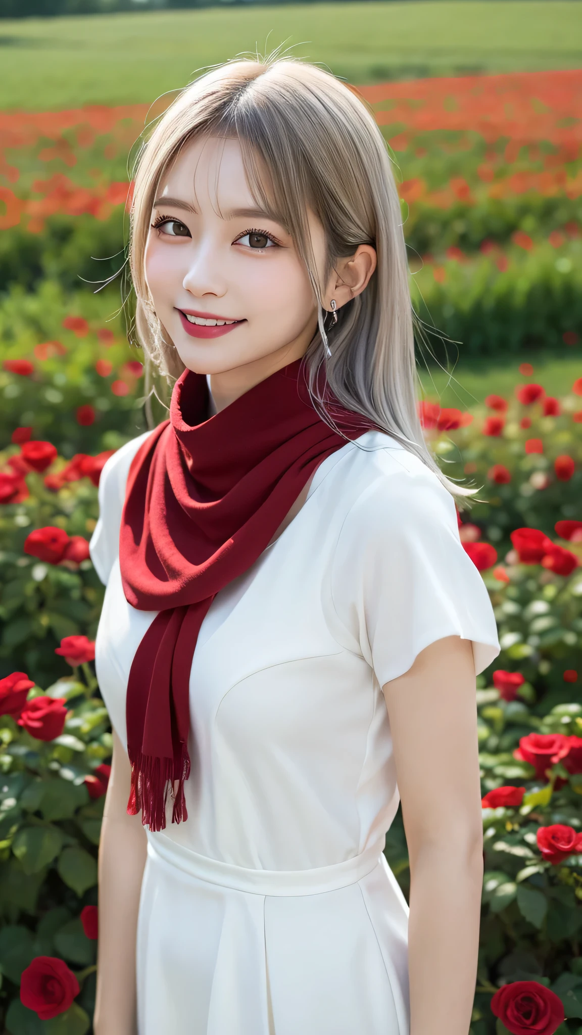 Overlooking, Panorama, perspective, Depth of written boundary, bust, Upper Body, Movie angle, masterpiece, highest quality, Super detailed, CG, 8k wallpaper, Beautiful Face, Delicate eyes, Otome, alone, smile, Silver Hair, Golden Eyes, Fair skin, hair, Red scarf, White evening dress, Rose Field, Red flower, rose, Flower Field, petal, Flying petal, smile
