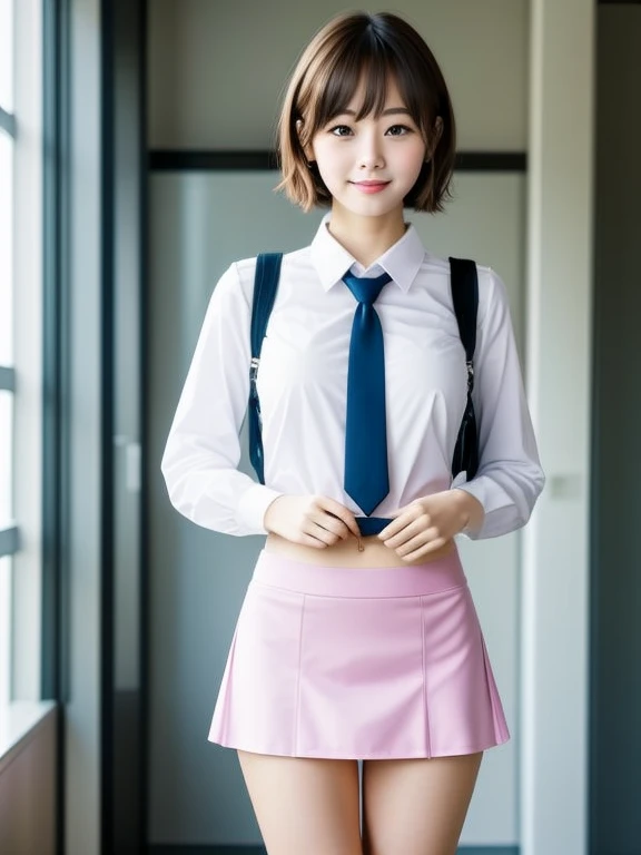 (((Small))),Side Shot,masterpiece, highest quality, High resolution, wallpaper, Realistic, Bright lighting, Professional Lighting, Face Light, Smooth lighting, Japanese Girls, ((Whole body 1.4)),Are standing, cute, smile, beautiful girl, gravure, sexy, so beautiful, Beautiful Skin, Beautiful and detailed、Detailed face、slim、Moderate, short hair, Blonde Hair, Brown Eyes, View your viewers,Cabin Attendant Costume,mini skirt,Are standing、Pink Panties,Panty Shot,Small,Bare legs,