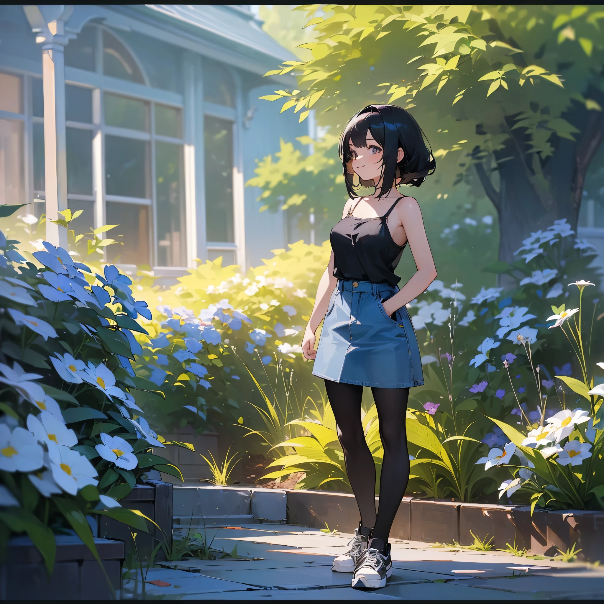 (high quality, High resolution, Very detailed, reality:1.37), Peaceful atmosphere, (Outdoor, garden), Teenage girl standing alone, (my breasts are big.), Beautiful details, Cute Smile, (Black bob hair), camisole, Denim skirt, Black tights, sneakers.