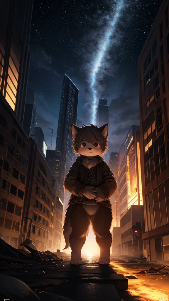Unrealistic Perspective , dynamic angle , dynamic model action , realistic hairy fur , round face , moist round eyes , Swollen cheeks , hair ties , Short stature , 
((Friendship)), The end of the world, Spectacular and realistic, (High resolution:1.4), (Calm colors:1.4), Apocalypse, Abandoned, Neutral Color, night, Screen Space Refraction, (Intricate details), (Intricate details, Ultra-detailed:1.2), Art Station, Cinematic shots, Vignette, Complex background, building,((Hand in hand))