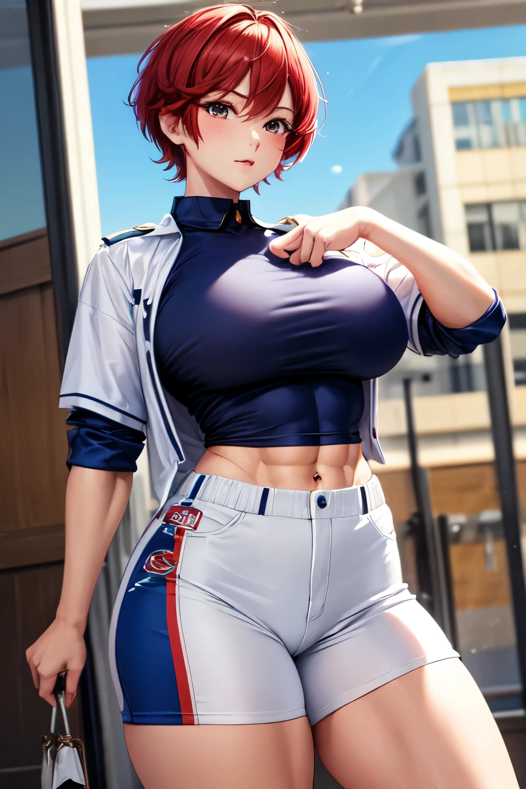 A woman with short tomboy hair wears royal costume school shirt,Red hair, muscular,tomboy,Tall body, super very big bosom 