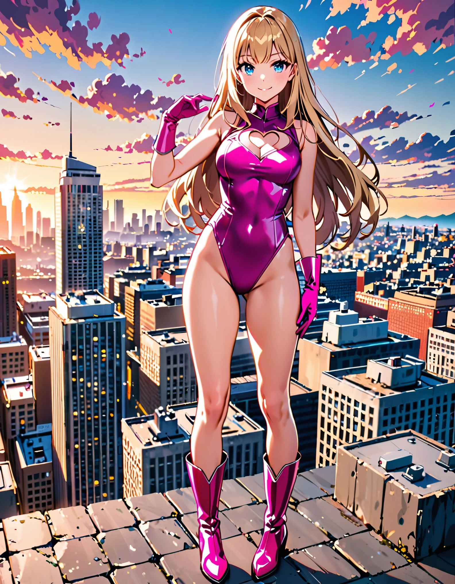 masterpiece, best quality, highres, 1girl, solo, superhero, leotard, bare legs, matching boots, sleeveless, looking at viewer, city backdrop, perfect hands, perfect eyes, perfect leotard, perfect legs, perfect arms, perfect fingers, medium breasts, pink leotard, standing, (blonde hair), long hair, knee boots, blue eyes, heart cutout, cute face, hair down, bangs, sleeveless, pink gloves, pink footwear, cleavage cutout, smile, full body with costume :d