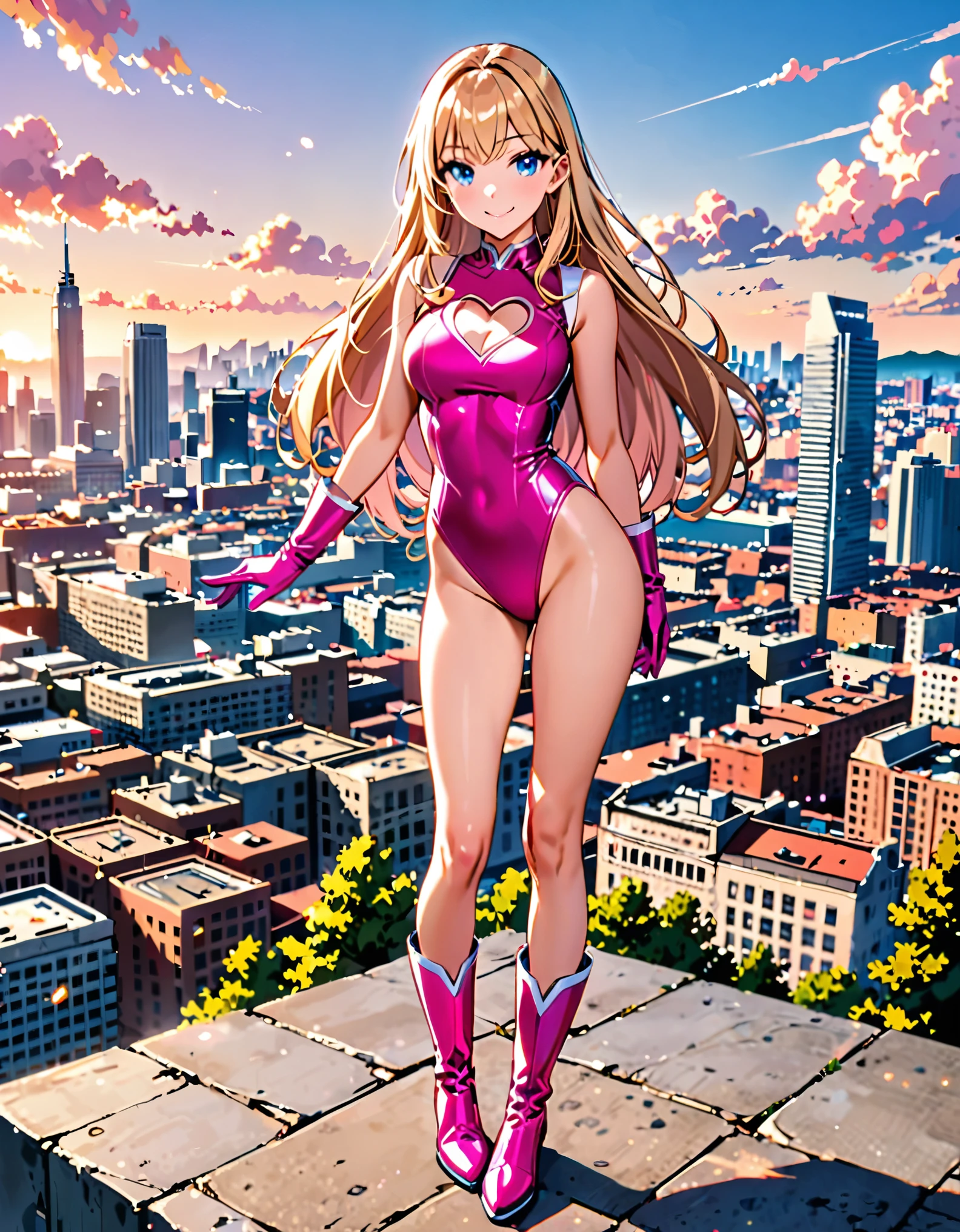 masterpiece, best quality, highres, 1girl, solo, superhero, leotard, bare legs, matching boots, sleeveless, looking at viewer, city backdrop, perfect hands, perfect eyes, perfect leotard, perfect legs, perfect arms, perfect fingers, medium breasts, pink leotard, standing, (blonde hair), long hair, knee boots, blue eyes, heart cutout, cute face, hair down, bangs, sleeveless, pink gloves, pink footwear, cleavage cutout, smile, full body with costume :d