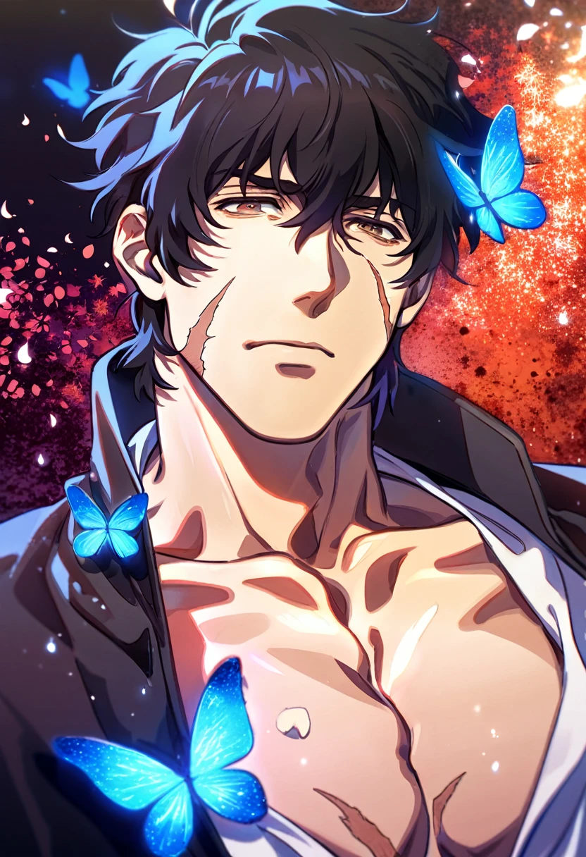 Ultra detailed, HDR, Highres, absurdres, master piece, Steven A. Starphase, black hair, expressive brown eyes, black coat, Kekkai Sensen, scar on his left cheek, cross, petals, small blue butterflies, sexy man, solo, handsome, glittering, toned chest, white shirt, magical