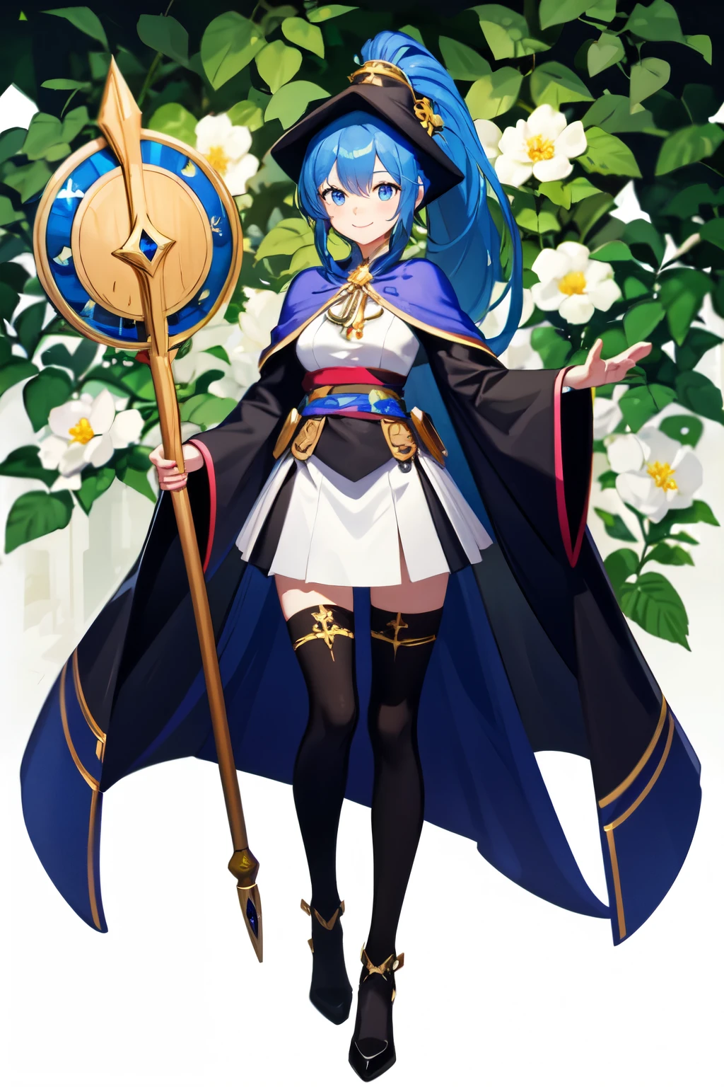 blue hair, ponytail, female, woman, blue eyes, fluffy cape, short skirt, wizard robes, rice hat, wooden staff, plants, flowers, smile, tall, black stockings, blue robes